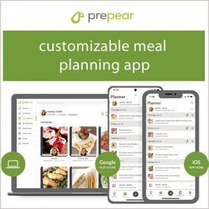 Graphic with images of the Prepear customizable meal planning app as it looks on a pc and phone